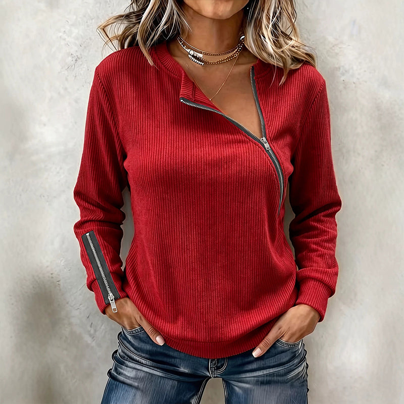 💎 Exclusieve Deal ✨ Dames Gebreide Top met Ribstructuur – Trendy Trui met Asymmetrische Rits & Elegante Pasvorm