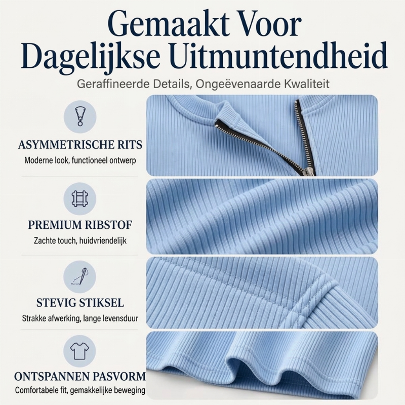 💎 Exclusieve Deal ✨ Dames Gebreide Top met Ribstructuur – Trendy Trui met Asymmetrische Rits & Elegante Pasvorm