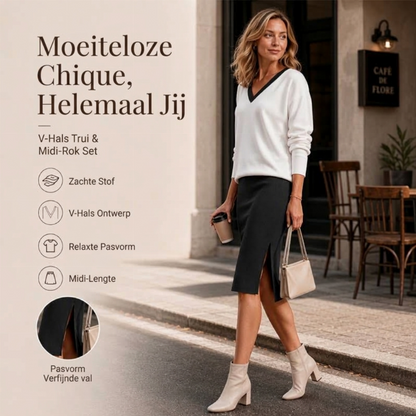🔥Gratis verzending✈️Dames set met V-hals shirt met lange mouwen en geribbelde rok