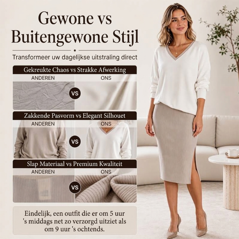 🔥Gratis verzending✈️Dames set met V-hals shirt met lange mouwen en geribbelde rok