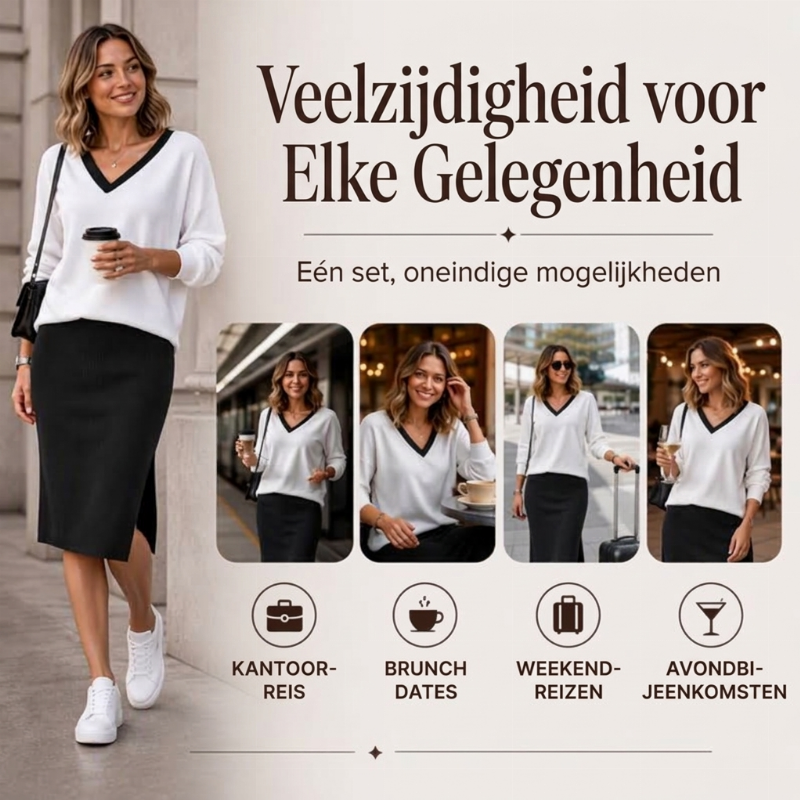 🔥Gratis verzending✈️Dames set met V-hals shirt met lange mouwen en geribbelde rok