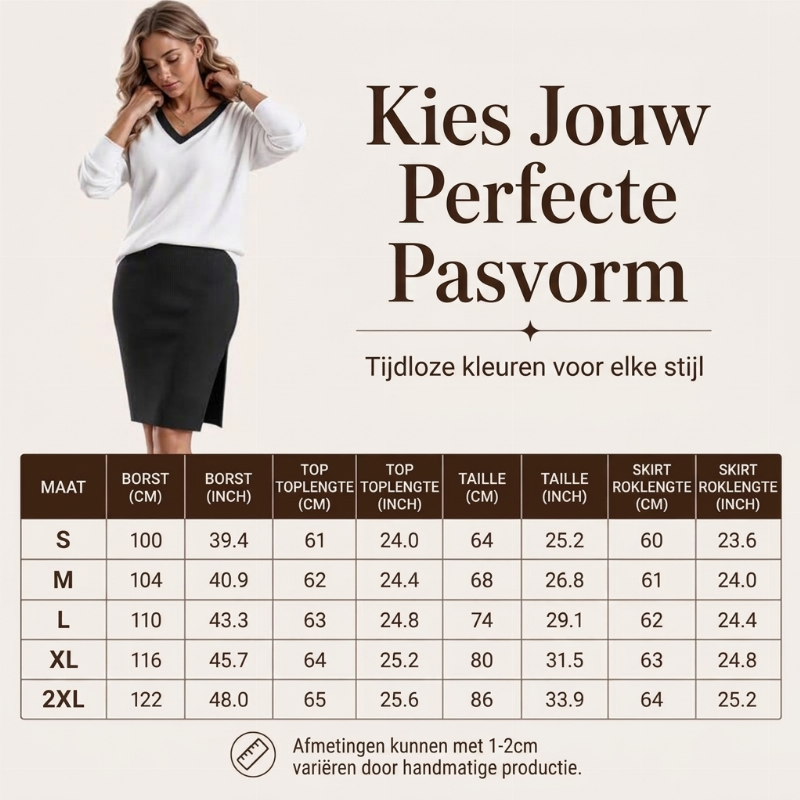 🔥Gratis verzending✈️Dames set met V-hals shirt met lange mouwen en geribbelde rok