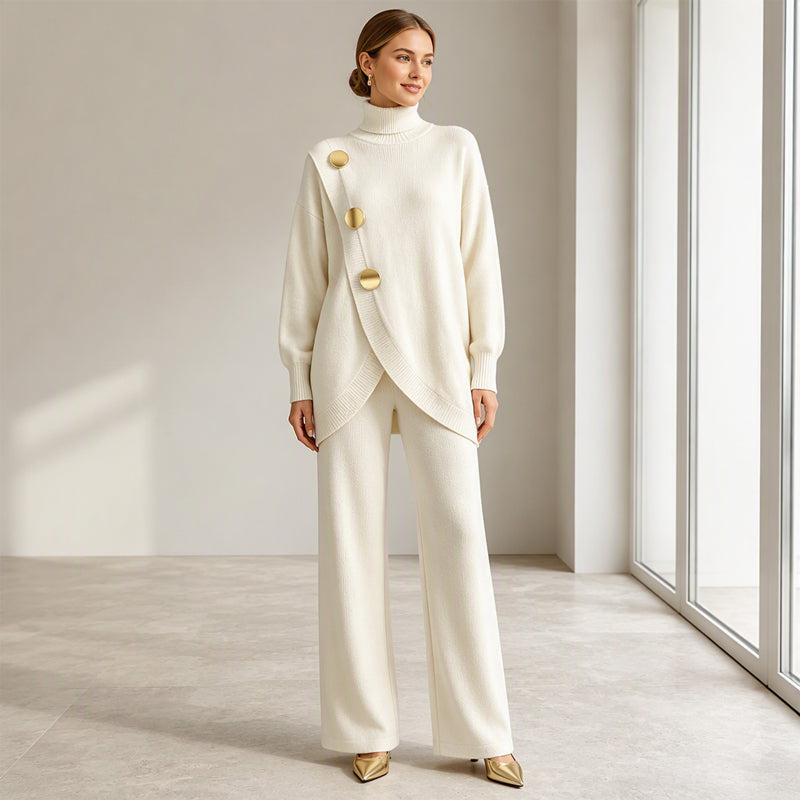 🔥Gratis verzending✈️Elegante Dames Coltrui & Wijde Pijpen Broek Set – Comfortabele Pasvorm & Chique Look