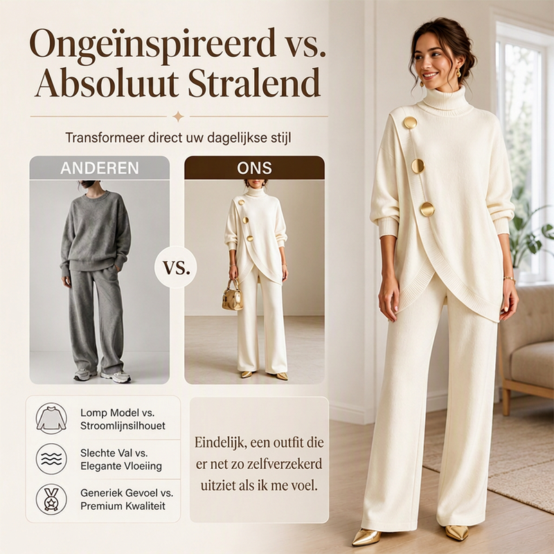 🔥Gratis verzending✈️Elegante Dames Coltrui & Wijde Pijpen Broek Set – Comfortabele Pasvorm & Chique Look