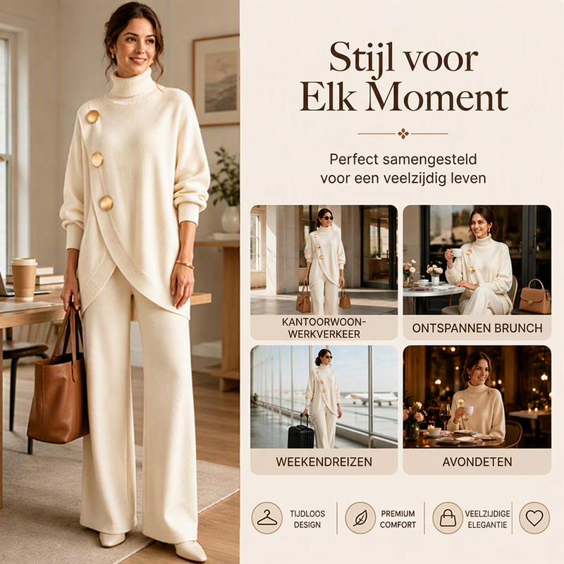 🔥Gratis verzending✈️Elegante Dames Coltrui & Wijde Pijpen Broek Set – Comfortabele Pasvorm & Chique Look