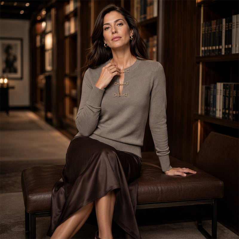 😍Elegant geribd gebreid dames shirt met metalen gesp