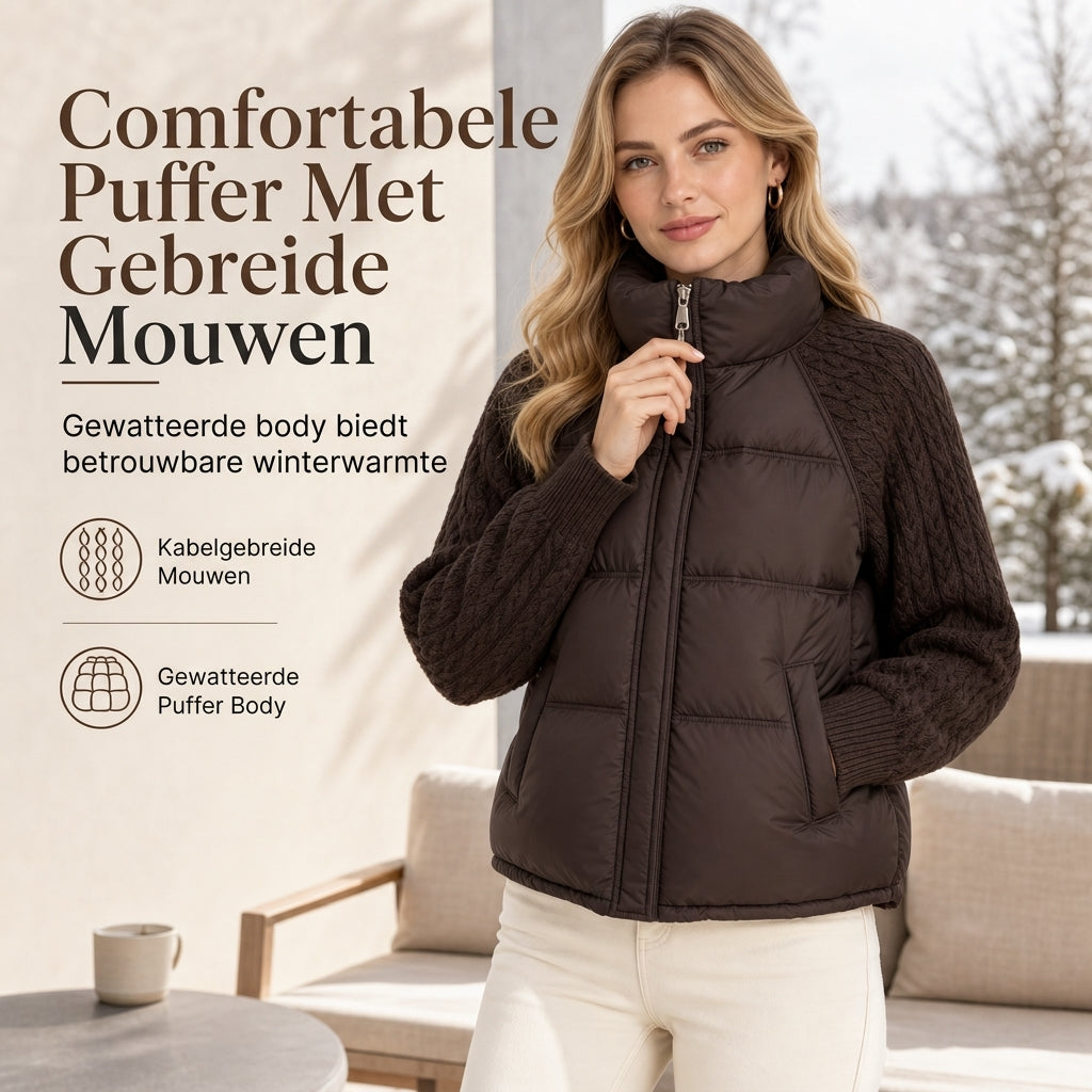 Dames gewatteerde korte winterjas van katoen met opstaande kraag, kabelpatroon, patchwork en lange mouwen, verdikt voor warmte