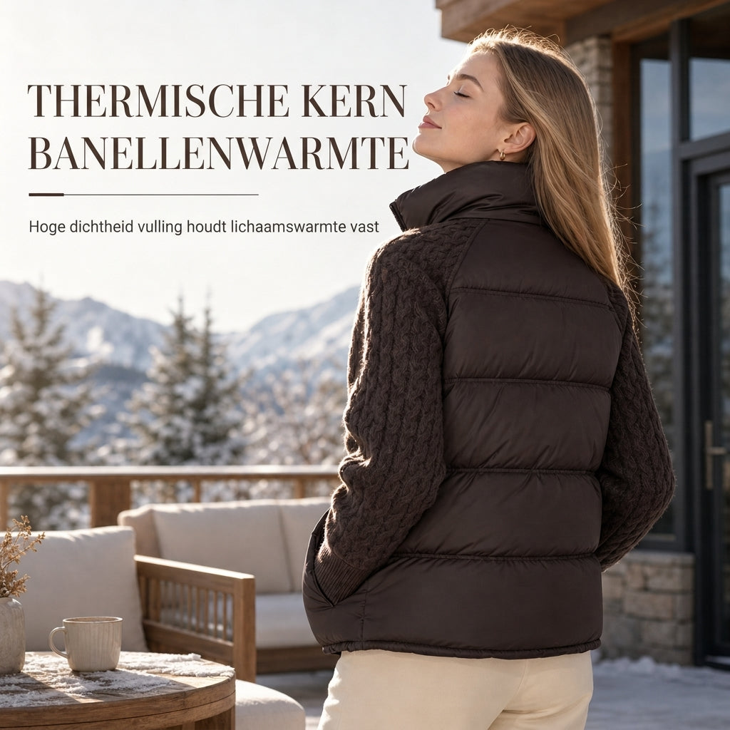 Dames gewatteerde korte winterjas van katoen met opstaande kraag, kabelpatroon, patchwork en lange mouwen, verdikt voor warmte