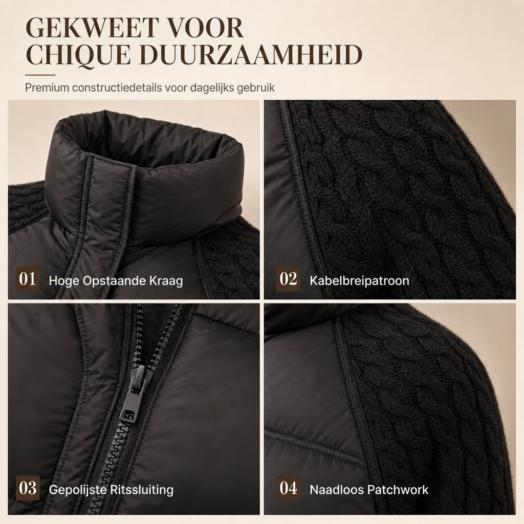 Dames gewatteerde korte winterjas van katoen met opstaande kraag, kabelpatroon, patchwork en lange mouwen, verdikt voor warmte