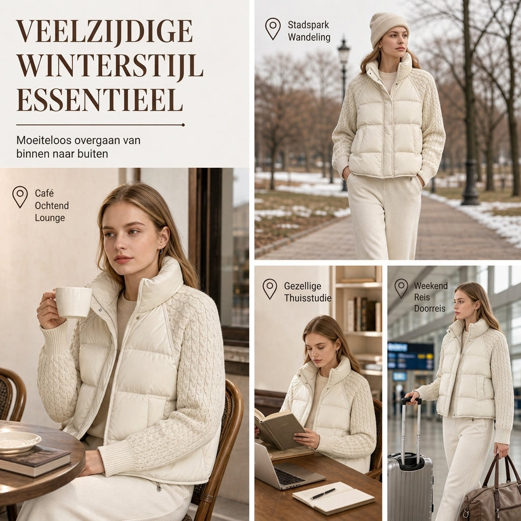 Dames gewatteerde korte winterjas van katoen met opstaande kraag, kabelpatroon, patchwork en lange mouwen, verdikt voor warmte