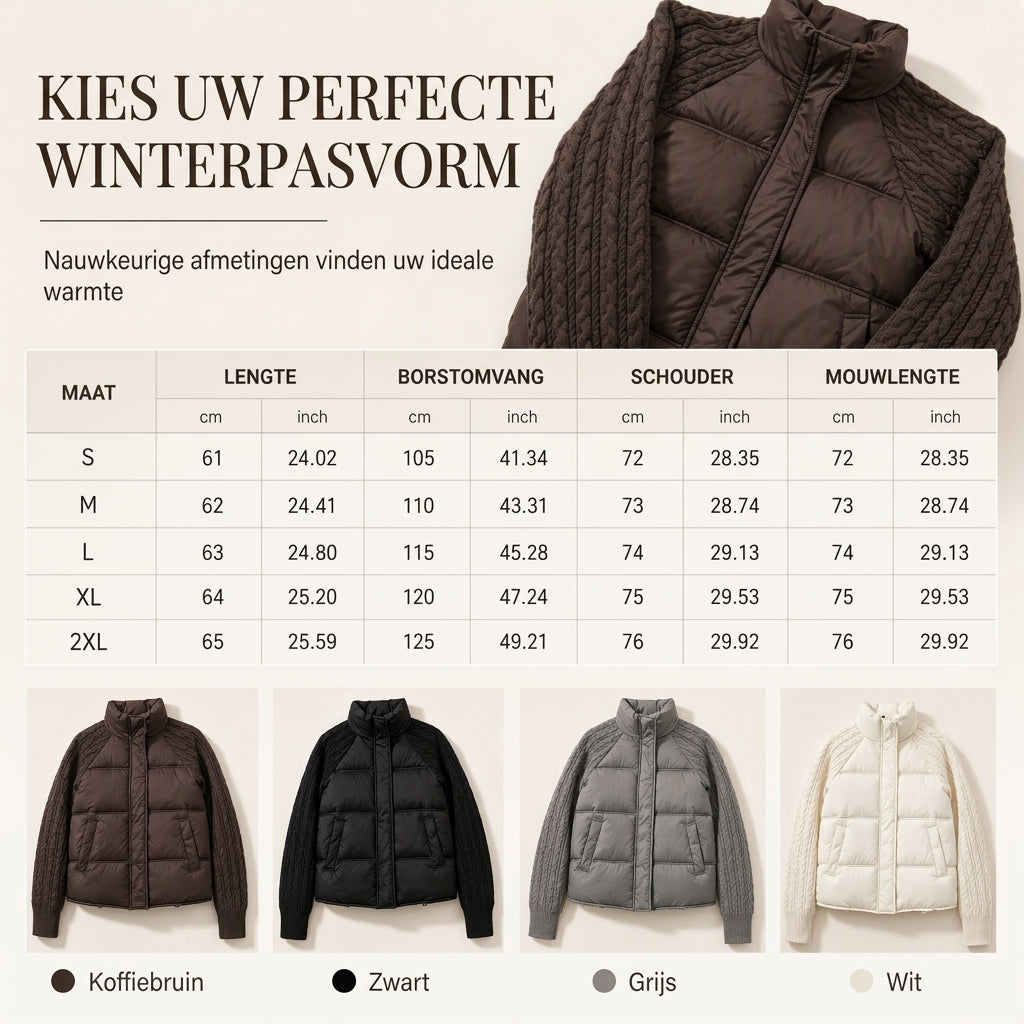 Dames gewatteerde korte winterjas van katoen met opstaande kraag, kabelpatroon, patchwork en lange mouwen, verdikt voor warmte