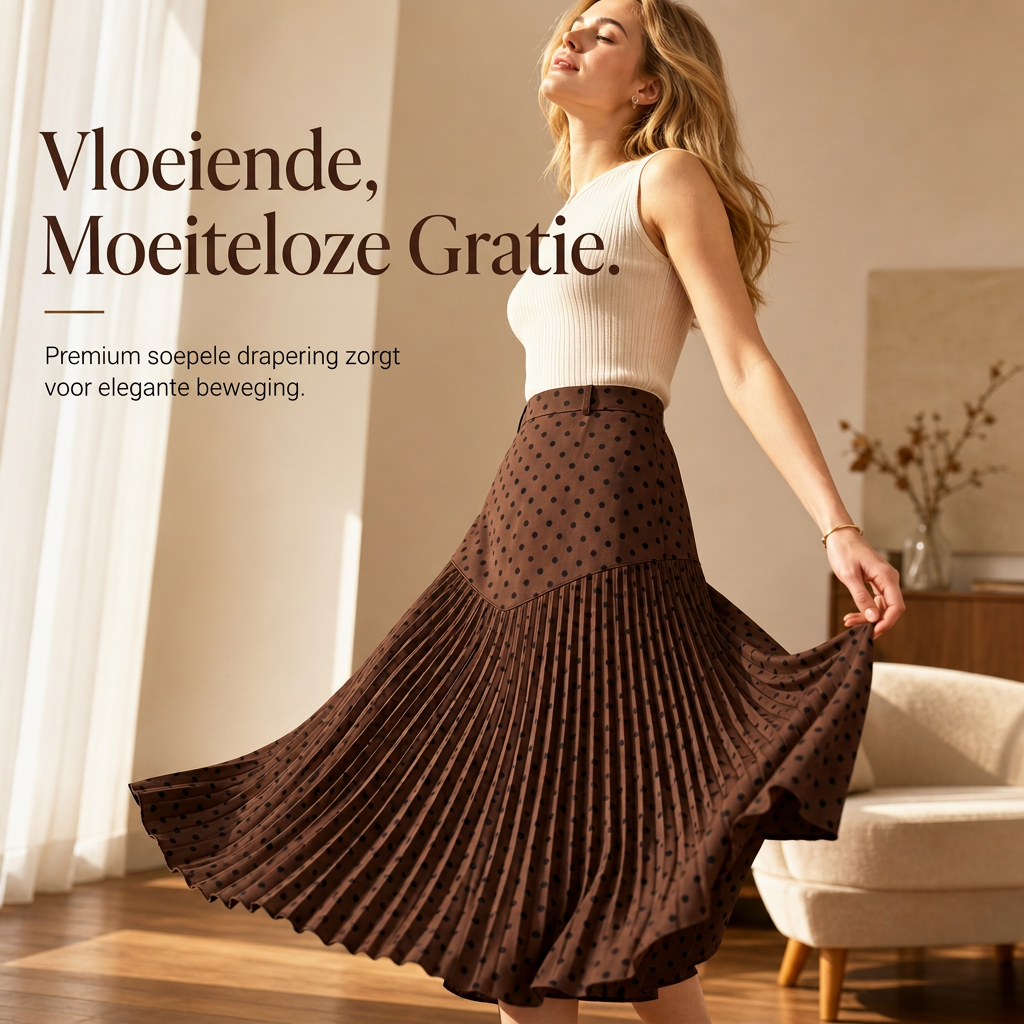 🌸 Nieuwe Collectie ✨ Dames Hooggetailleerde Plissé Rok met Stippenprint – Elegante Midi Rok met Comfortabele Pasvorm & Vrouwelijke Look