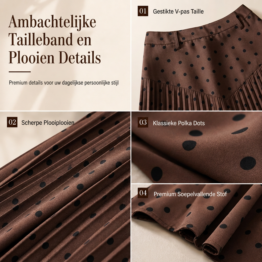🌸 Nieuwe Collectie ✨ Dames Hooggetailleerde Plissé Rok met Stippenprint – Elegante Midi Rok met Comfortabele Pasvorm & Vrouwelijke Look