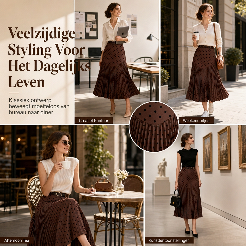 🌸 Nieuwe Collectie ✨ Dames Hooggetailleerde Plissé Rok met Stippenprint – Elegante Midi Rok met Comfortabele Pasvorm & Vrouwelijke Look