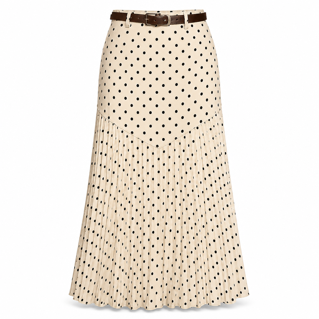 🌸 Nieuwe Collectie ✨ Dames Hooggetailleerde Plissé Rok met Stippenprint – Elegante Midi Rok met Comfortabele Pasvorm & Vrouwelijke Look