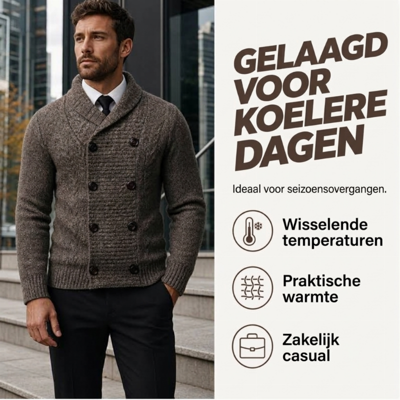 🔥Gratis verzending✈️Heren gebreid vest met dubbele rij knopen en sjaalkraag