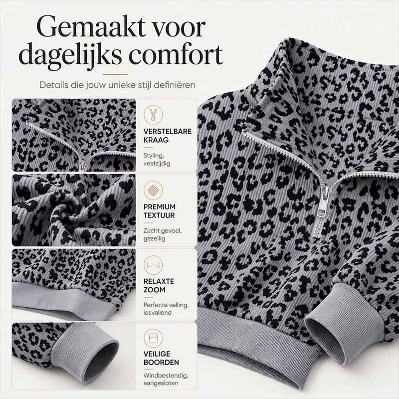 🔥Gratis verzending✈️Dames Sweater met Luipaardprint en Kwartrits – Comfortabel, Modieus & Makkelijk te Combineren
