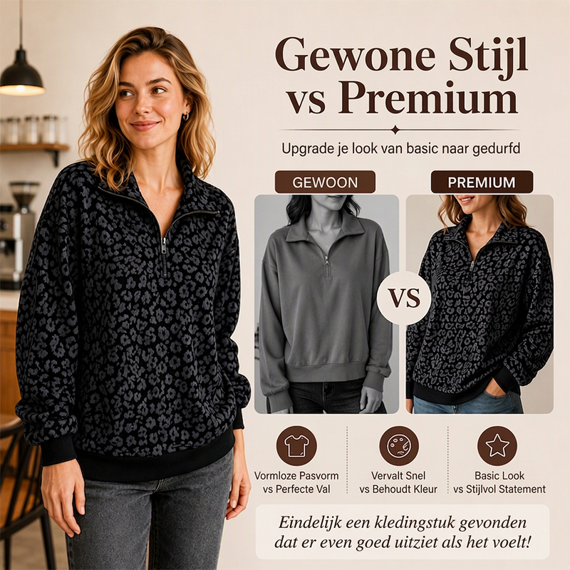 🔥Gratis verzending✈️Dames Sweater met Luipaardprint en Kwartrits – Comfortabel, Modieus & Makkelijk te Combineren