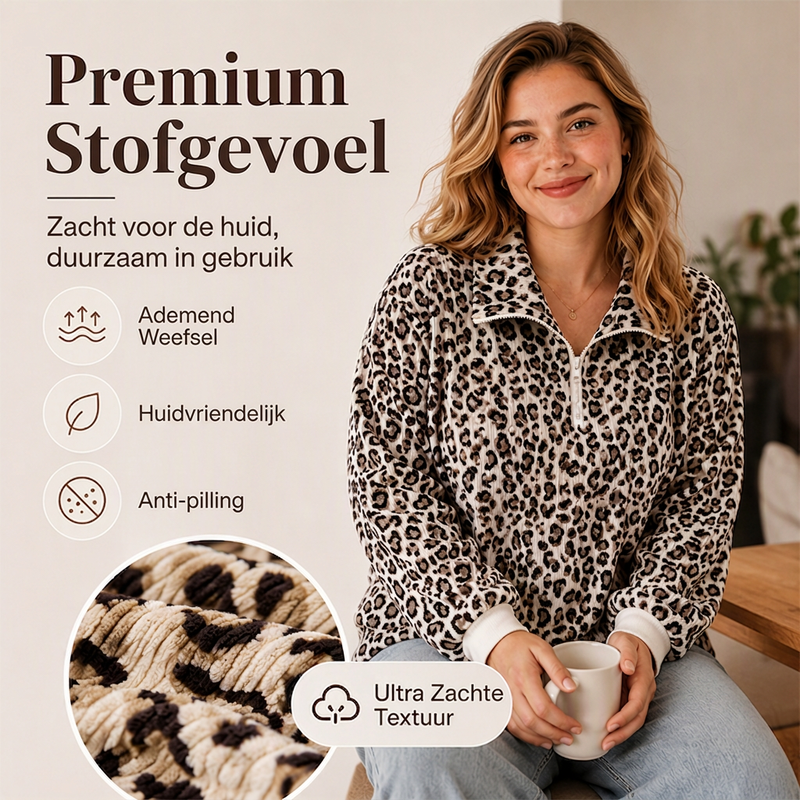 🔥Gratis verzending✈️Dames Sweater met Luipaardprint en Kwartrits – Comfortabel, Modieus & Makkelijk te Combineren