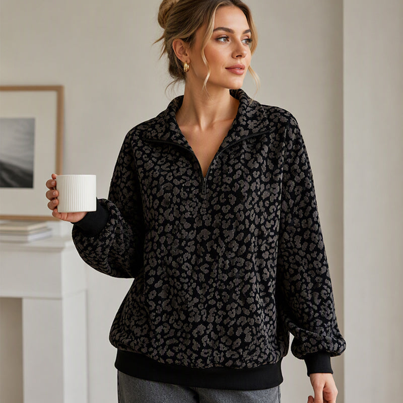 🔥Gratis verzending✈️Dames Sweater met Luipaardprint en Kwartrits – Comfortabel, Modieus & Makkelijk te Combineren