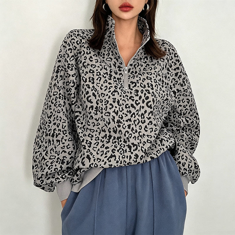🔥Gratis verzending✈️Dames Sweater met Luipaardprint en Kwartrits – Comfortabel, Modieus & Makkelijk te Combineren