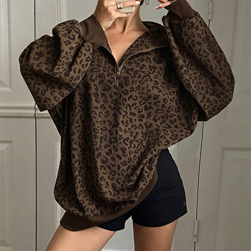 🔥Gratis verzending✈️Dames Sweater met Luipaardprint en Kwartrits – Comfortabel, Modieus & Makkelijk te Combineren