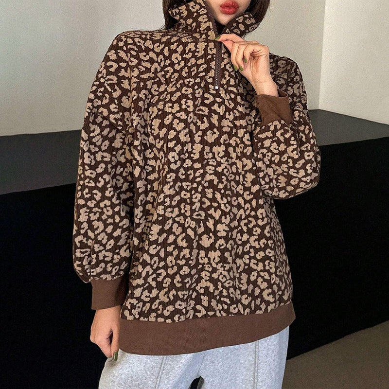 🔥Gratis verzending✈️Dames Sweater met Luipaardprint en Kwartrits – Comfortabel, Modieus & Makkelijk te Combineren