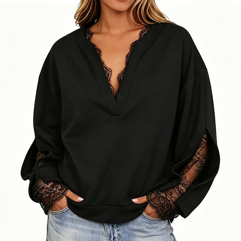 🌸 Elegante Look ✨ Dames Top met V-Hals en Kanten Inzetstuk – Vrouwelijk, Verfijnd & Makkelijk te Combineren