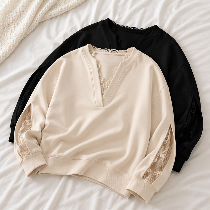 🌸 Elegante Look ✨ Dames Top met V-Hals en Kanten Inzetstuk – Vrouwelijk, Verfijnd & Makkelijk te Combineren