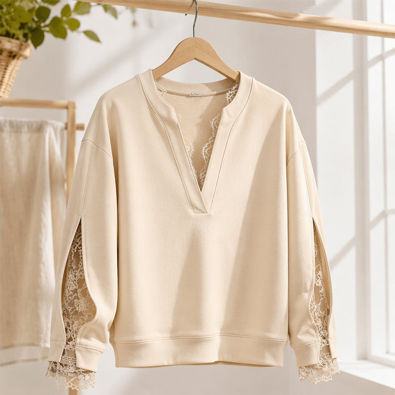 🌸 Elegante Look ✨ Dames Top met V-Hals en Kanten Inzetstuk – Vrouwelijk, Verfijnd & Makkelijk te Combineren