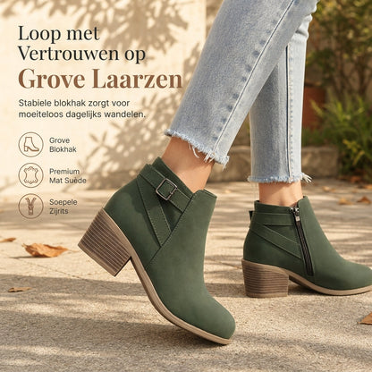 🔥Gratis verzending✈️Dames suède Martin boots met schuine gesp, dikke middenhiel en zijrits, enkellaarzen