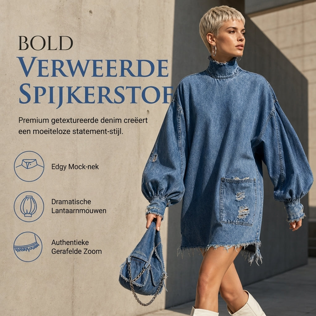 🔥Gratis verzending✈️Dames Oversized Denim Mini-Jurk met Colkraag – Comfortabele Pasvorm, Trendy & Casual Chic