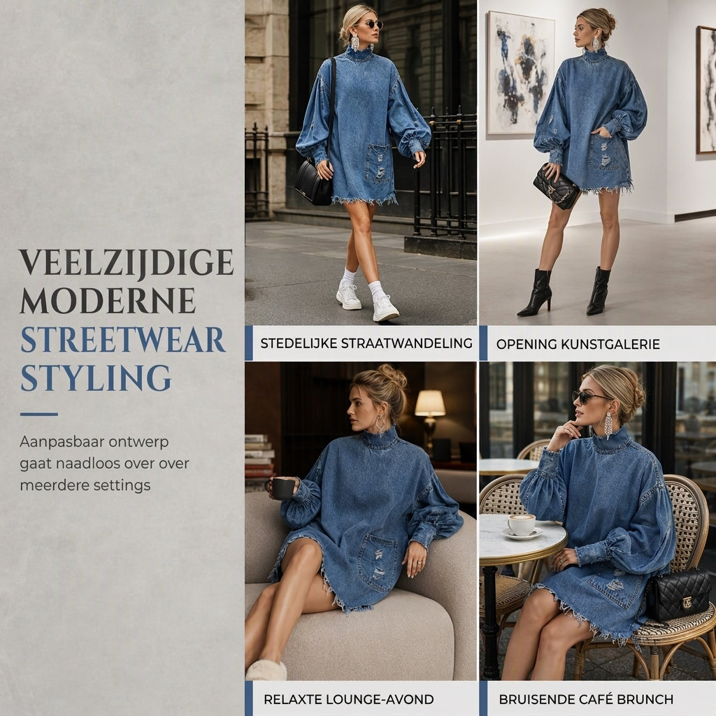 🔥Gratis verzending✈️Dames Oversized Denim Mini-Jurk met Colkraag – Comfortabele Pasvorm, Trendy & Casual Chic