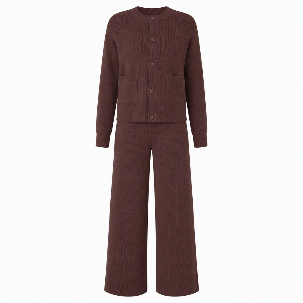 🍂 Tijdloze Comfort Look ✨ Dames Gebreide 2-Delige Set met Vest & Wijde Broek – Zacht, Elegant & Makkelijk te Stylen