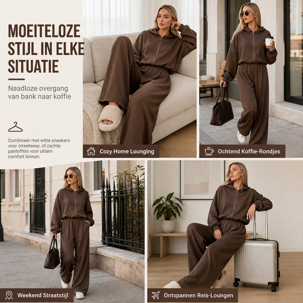 🔥Gratis verzending✈️Casual zachte gebreide tweedelige loungewear set voor dames met capuchon, ritstrui en wijde pijpen broek