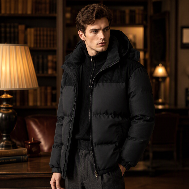 🔥Gratis verzending✈️Heren wintergevoerde capuchonjack met kleurenblokpatroon