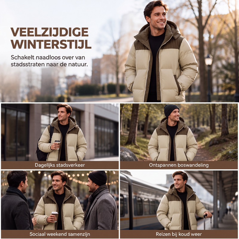 🔥Gratis verzending✈️Heren wintergevoerde capuchonjack met kleurenblokpatroon