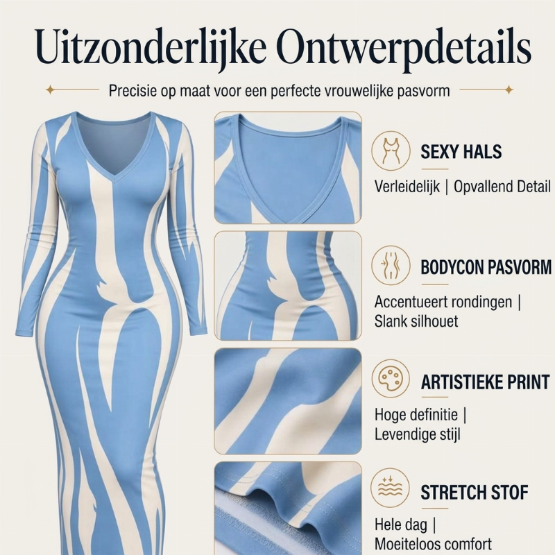 ✨ Elegante Look 💃 Dames Bodycon Maxi Jurk met Print & Lange Mouwen – Flatterend, Vrouwelijk & Stijlvol