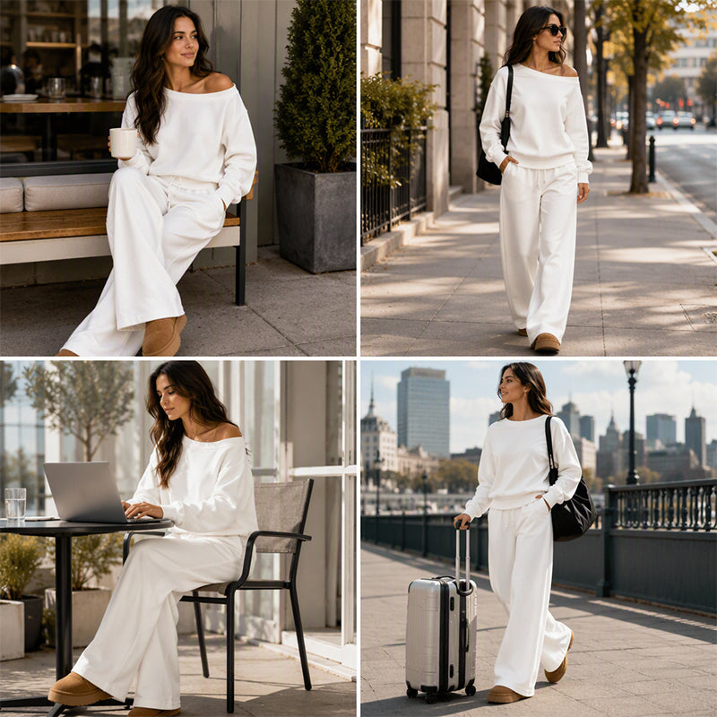 🔥Gratis verzending✈️Set bestaande uit een casual off-shoulder top en een broek met wijde pijpen voor dames