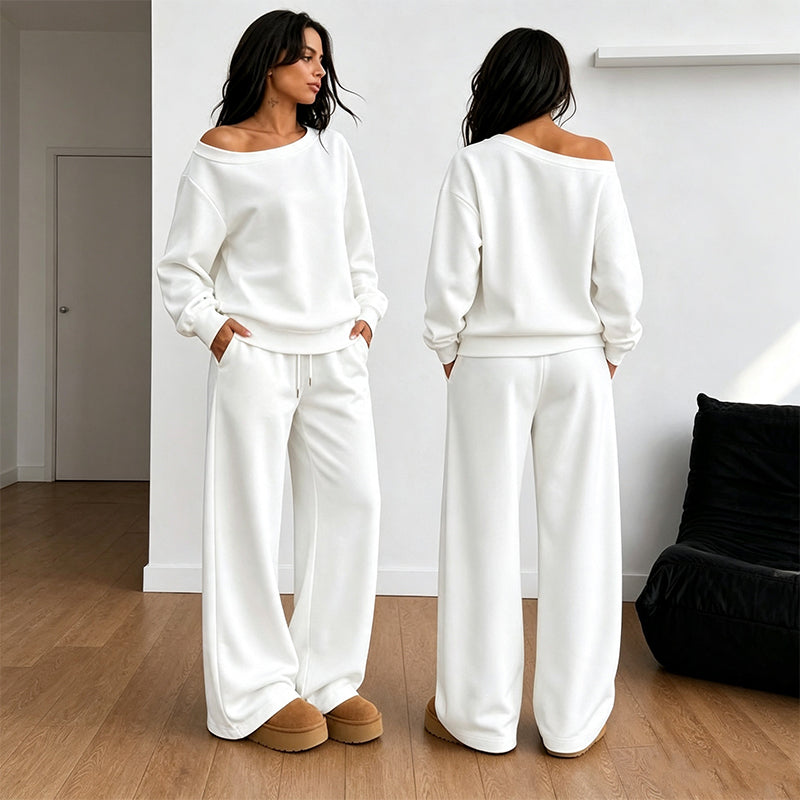 🔥Gratis verzending✈️Set bestaande uit een casual off-shoulder top en een broek met wijde pijpen voor dames