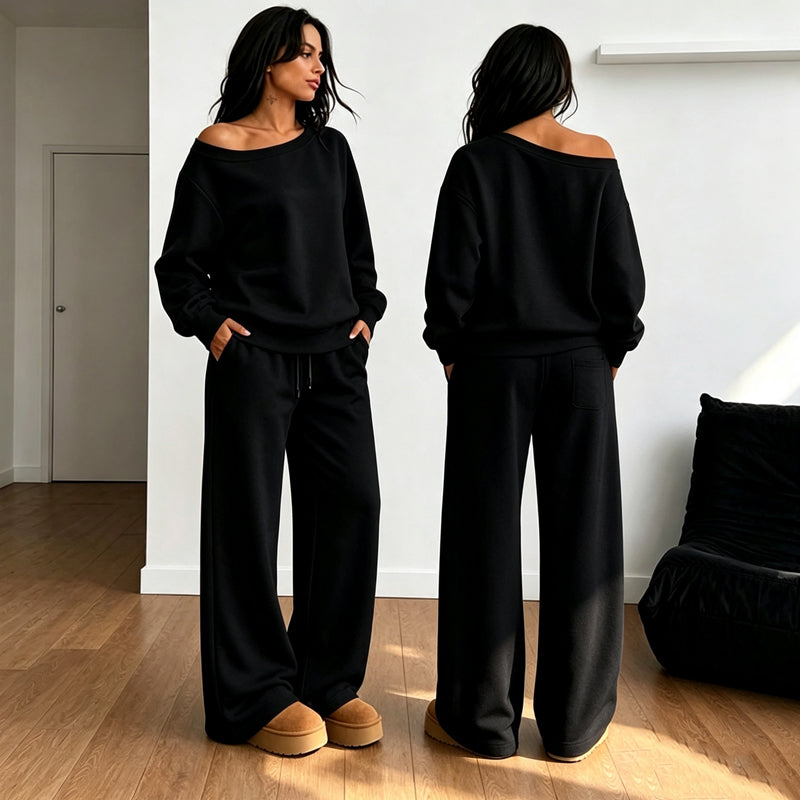🔥Gratis verzending✈️Set bestaande uit een casual off-shoulder top en een broek met wijde pijpen voor dames