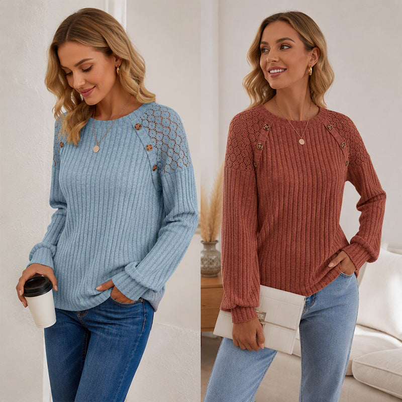✨Tijdelijke Favoriet 👚 Dames Casual Geribbelde Gebreide Top met Lange Mouwen – Zacht, Comfortabel & Makkelijk te Combineren