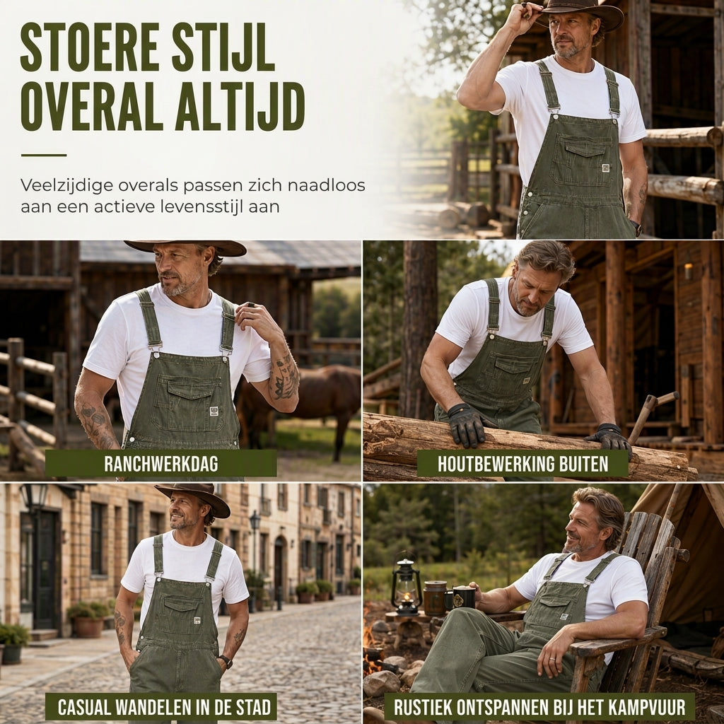 Heren zware katoenen denim overalls, relaxed fit, rechte pijpen tuinbroeken met multifunctionele zakken