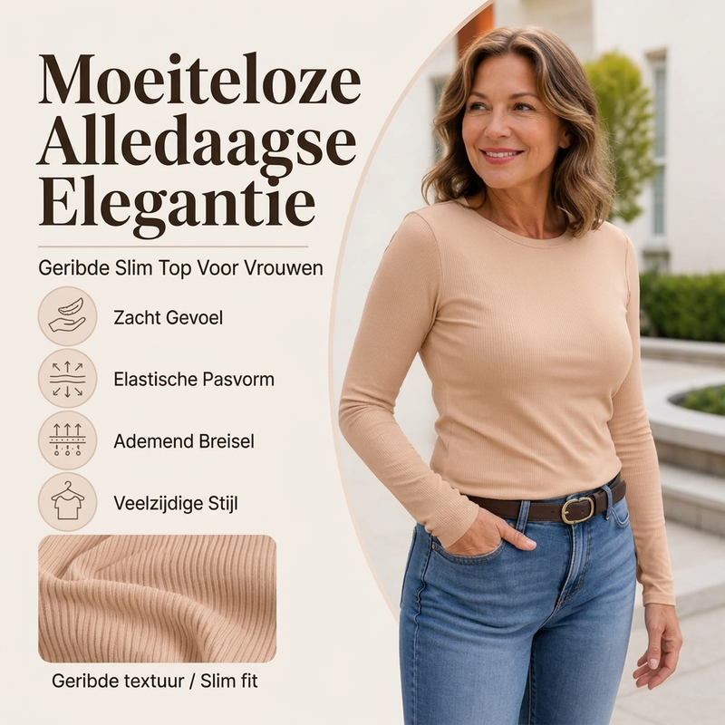 ✨ Tijdloze Basic 🤎 Klassiek Geribd Gebreid Dames Shirt met Ronde Hals – Zacht, Comfortabel & Veelzijdig