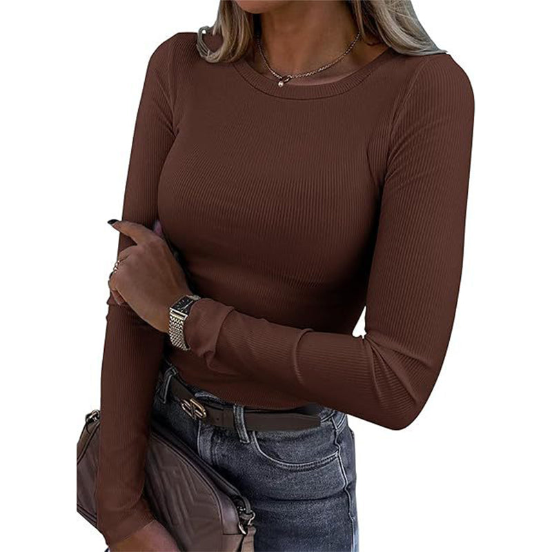 ✨ Tijdloze Basic 🤎 Klassiek Geribd Gebreid Dames Shirt met Ronde Hals – Zacht, Comfortabel & Veelzijdig