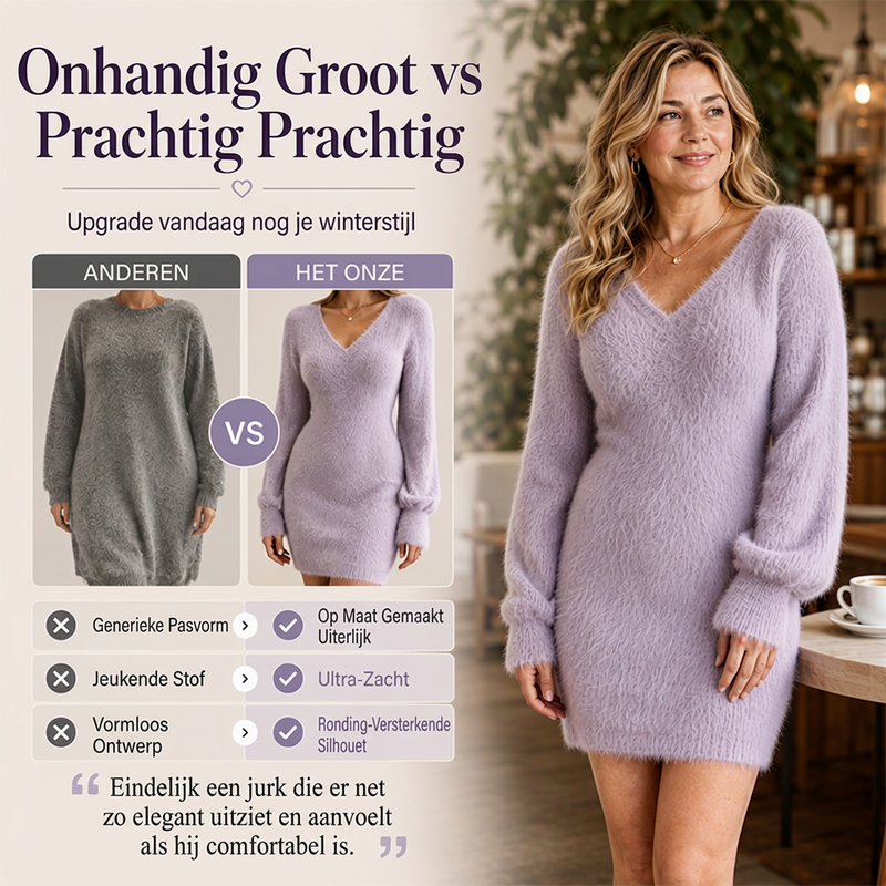 😍Dames V-hals pluizige gebreide minijurk