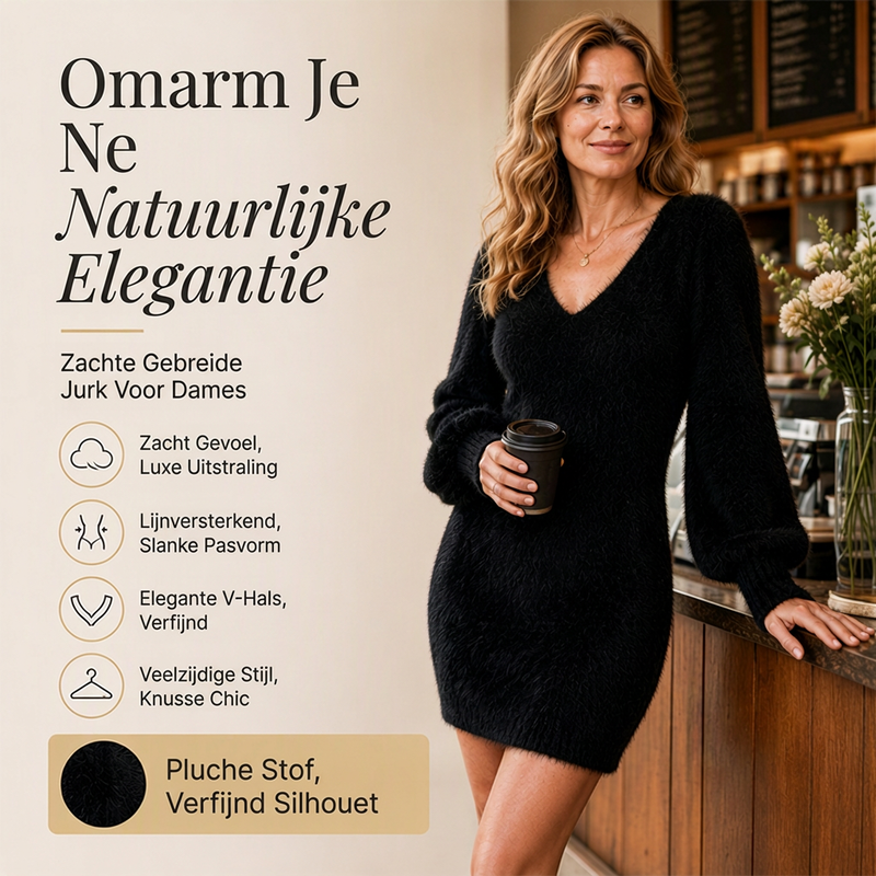 😍Dames V-hals pluizige gebreide minijurk