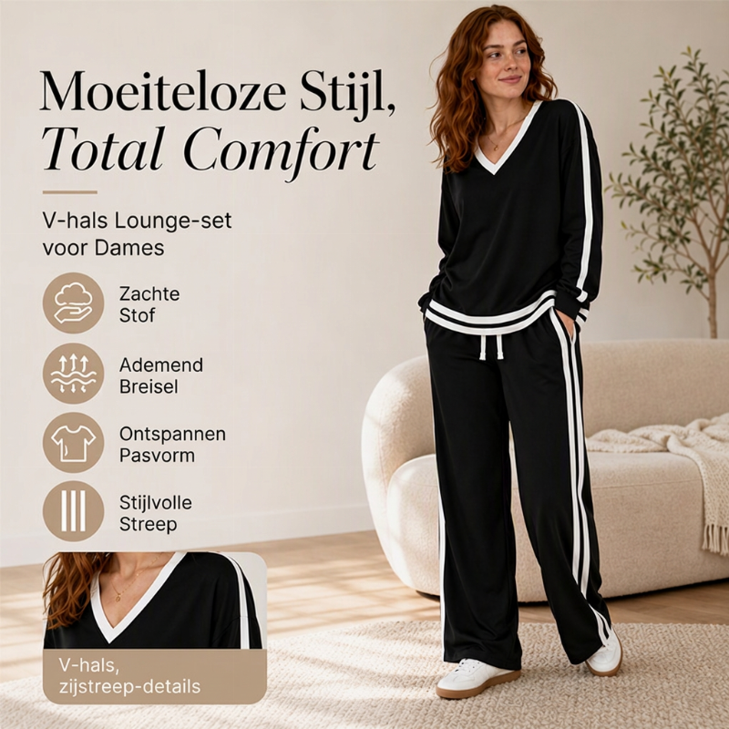 ✨ Chic Comfort 🤎 Dames V-Hals Pullover & Wijde Pijpen Broek Set – Zacht, Elegant & Comfortabel