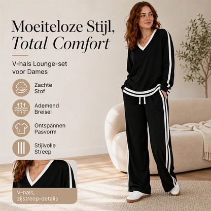 ✨ Chic Comfort 🤎 Dames V-Hals Pullover & Wijde Pijpen Broek Set – Zacht, Elegant & Comfortabel
