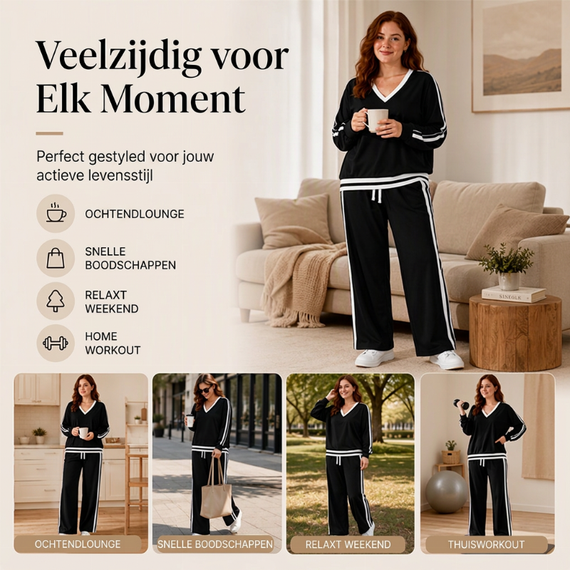✨ Chic Comfort 🤎 Dames V-Hals Pullover & Wijde Pijpen Broek Set – Zacht, Elegant & Comfortabel